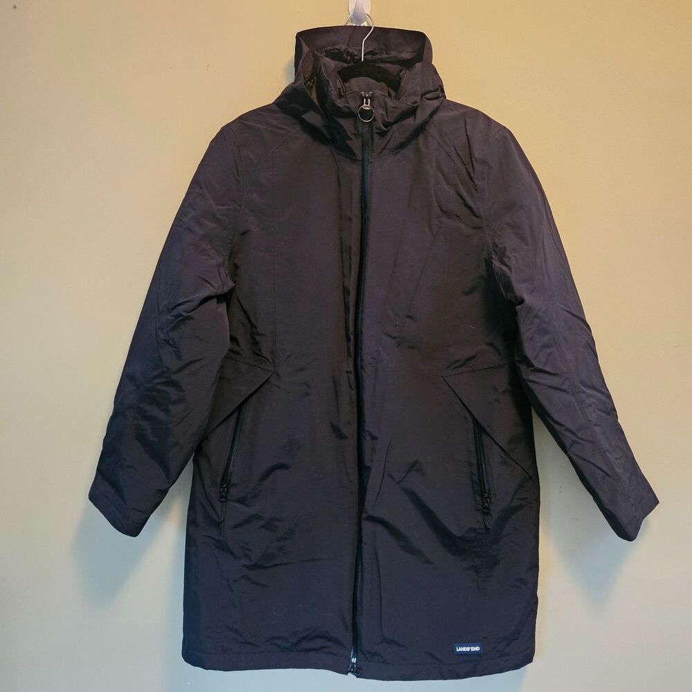 Lands' End Coat Womens 18 Black PrimaLoft Hooded Insulated Parka Zip Pockets